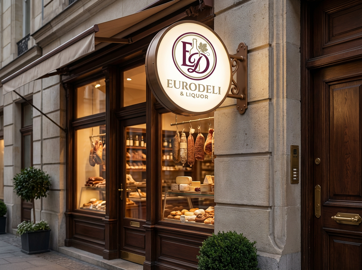 Eurodeli & Liquor store front with illuminated sign on a city street.