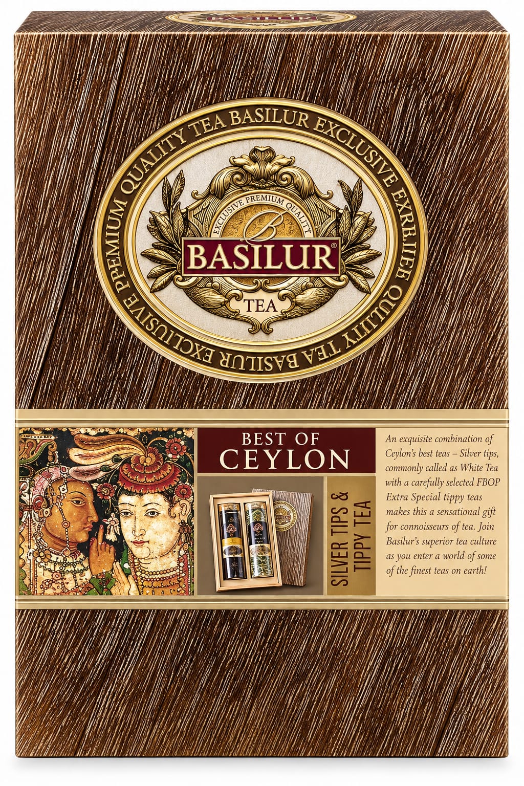 Pure Ceylon Tea, Best of Ceylon, Silver Tips 30g & Tippy Tea 70g - Basilur 100g Wooden Box