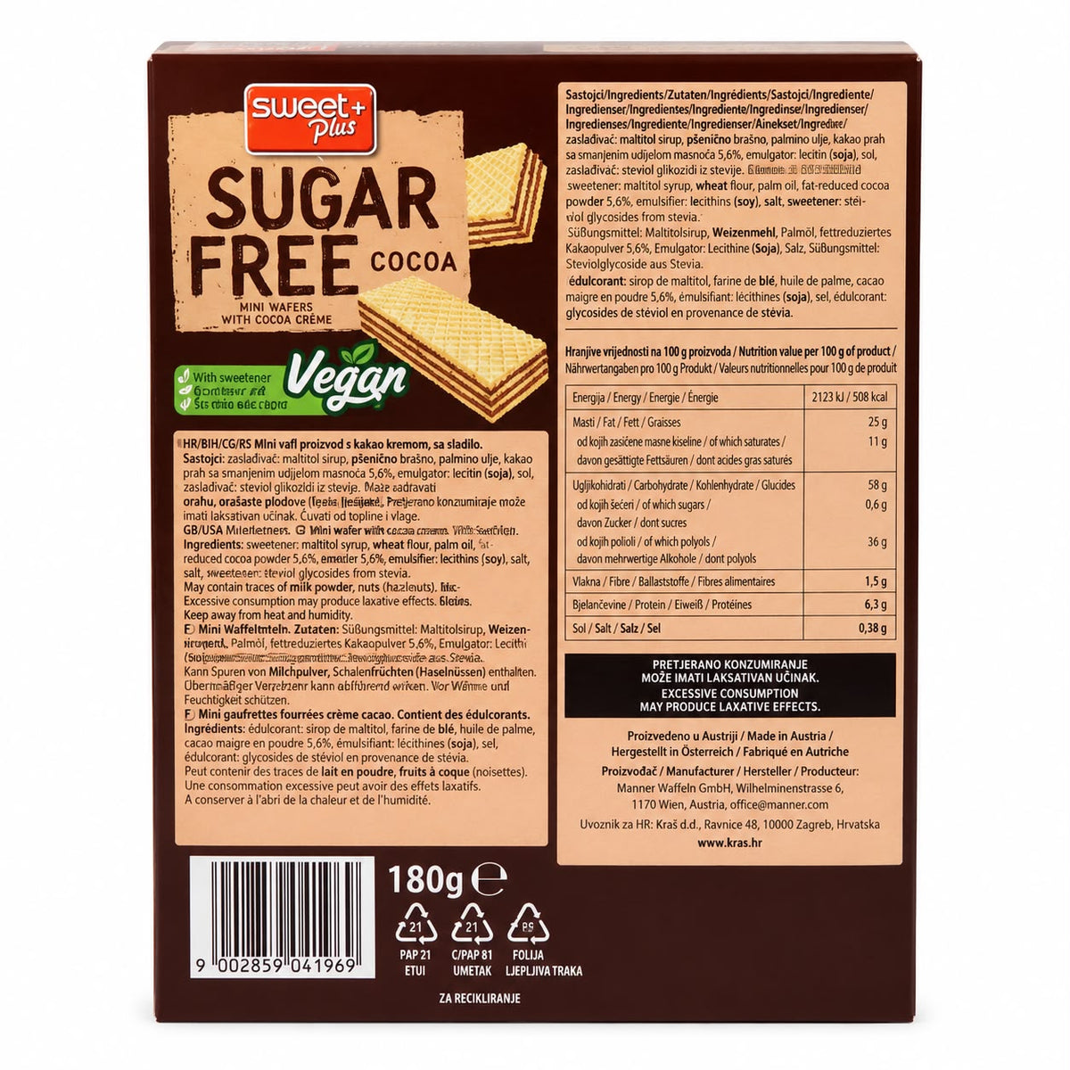 Mini Wafers with Cocoa Creme, Sweet Plus, 180g