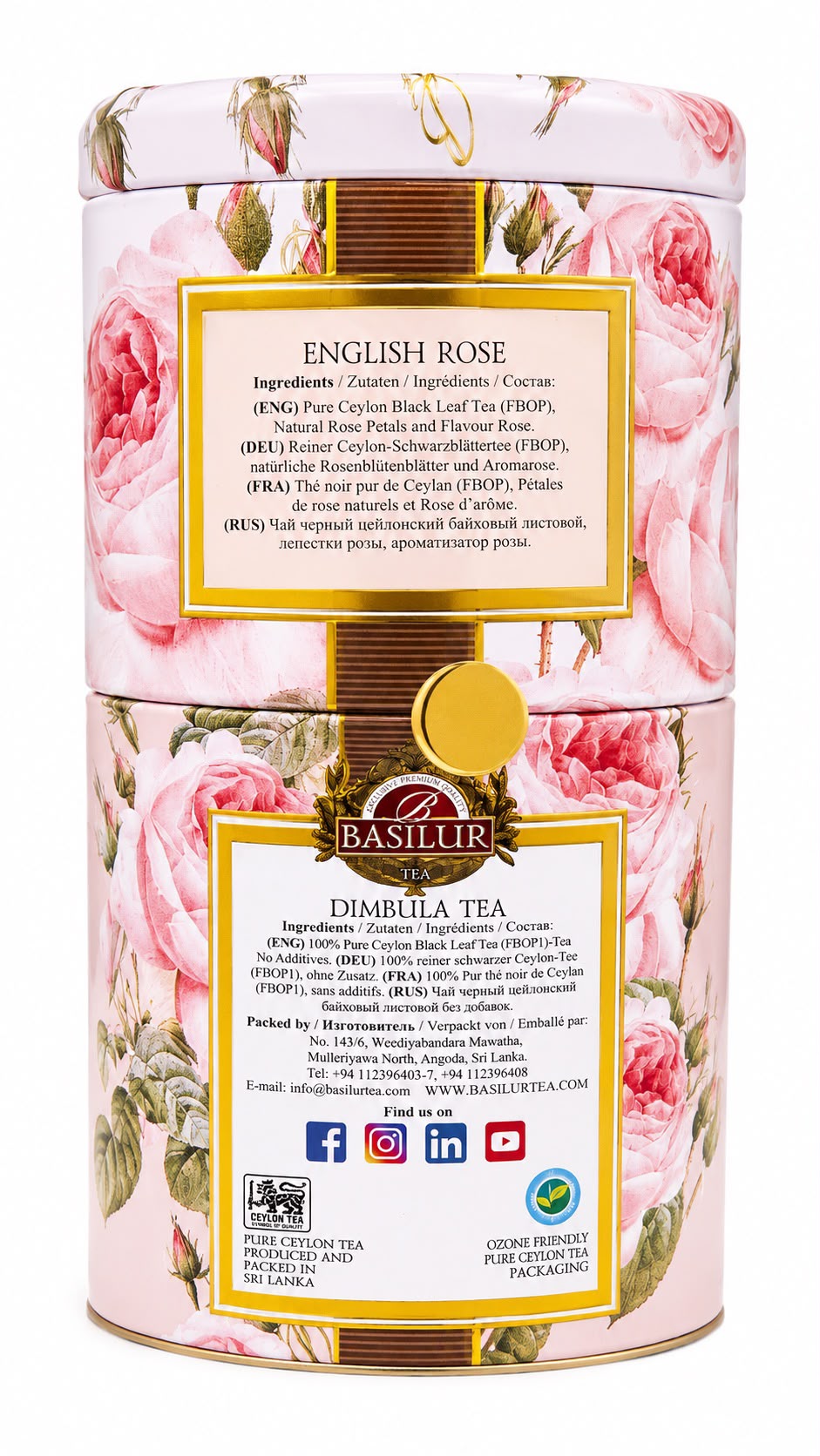 Ceylon Black Tea 2-in-1, English Rose 30g & Dimbula 70g Loose Leaf, "Basilur", 100g,Tin