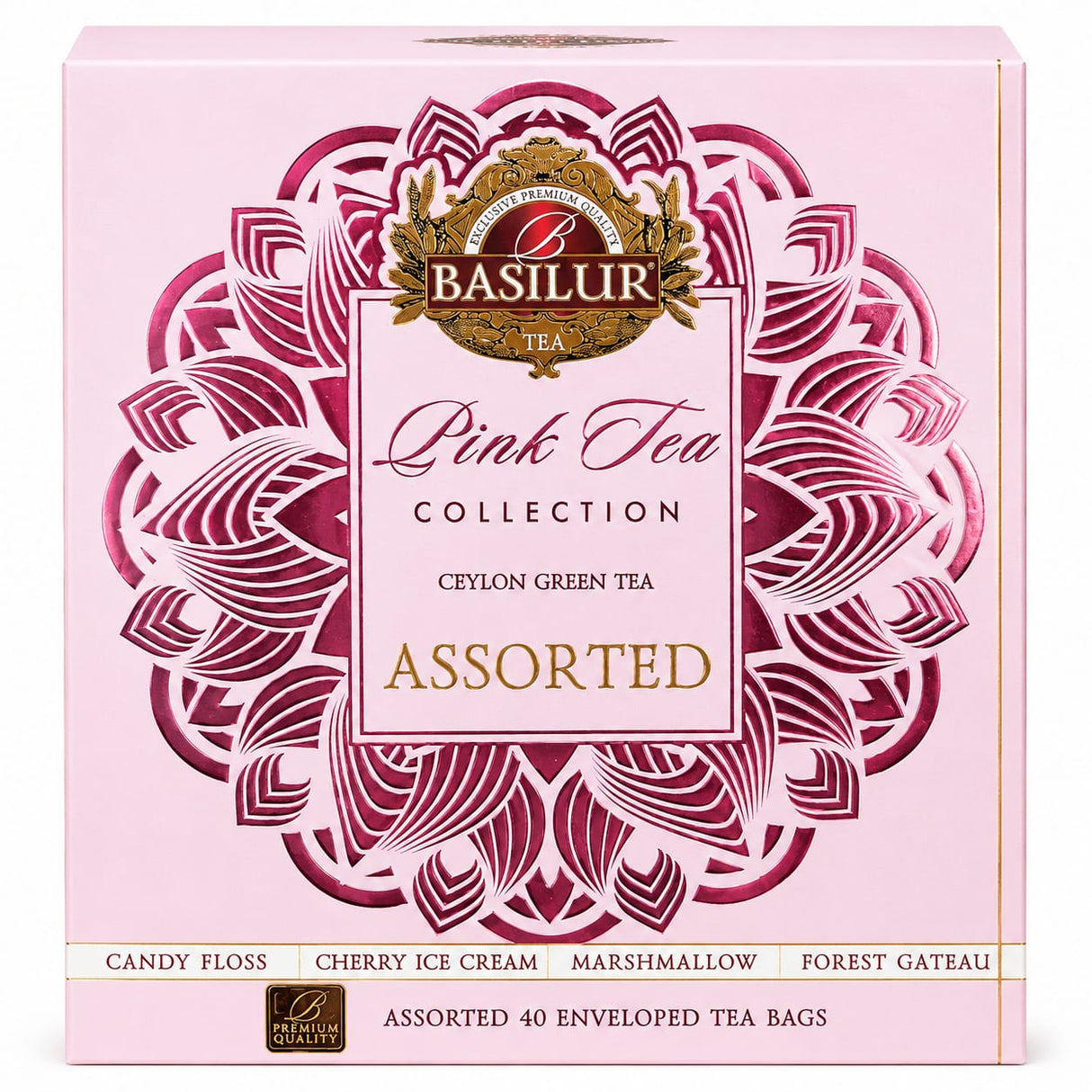 Ceylon Green Tea Pink Tea Collection, Assorted - Basilur 40 Tea Bags 60g Carton