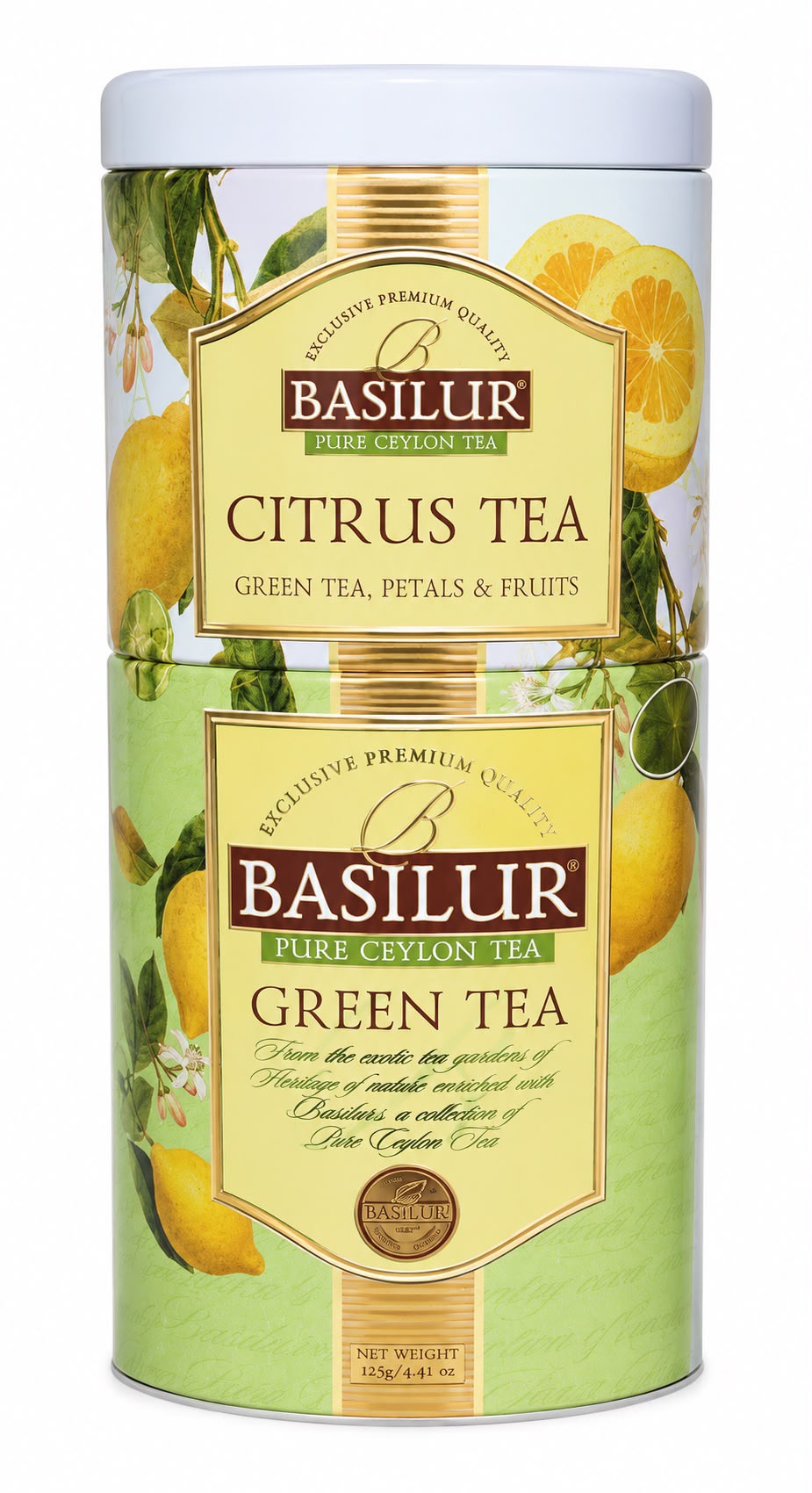 Pure Ceylon Tea 2-in-1, Citrus Green Tea 40g & Green Tea 85g - "Basilur", 125g, Tin