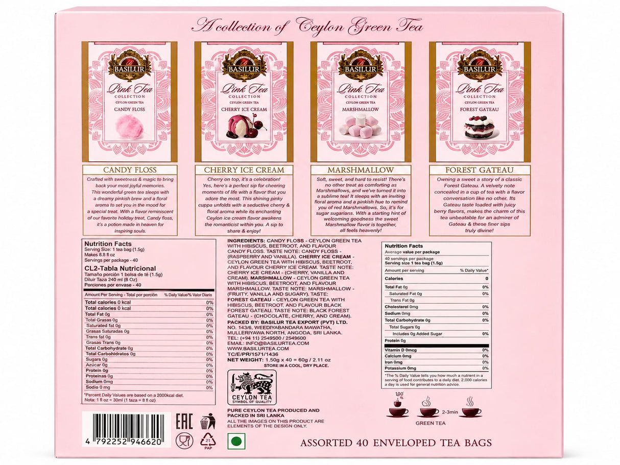 Ceylon Green Tea Pink Tea Collection, Assorted - Basilur 40 Tea Bags 60g Carton
