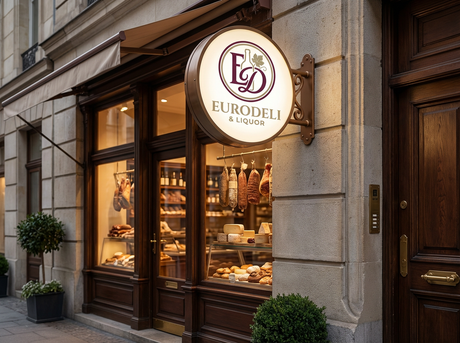 Eurodeli & Liquor store front with illuminated sign on a city street.
