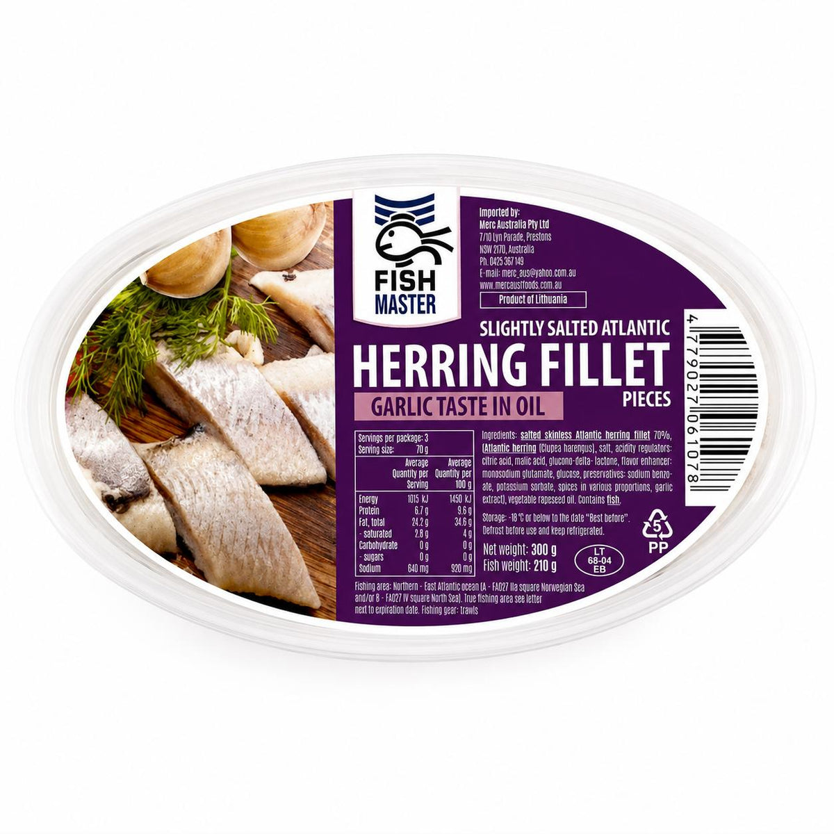 Herring Fillet Slightly Salted, Garlic Taste in Oil, Fish Master, 300g