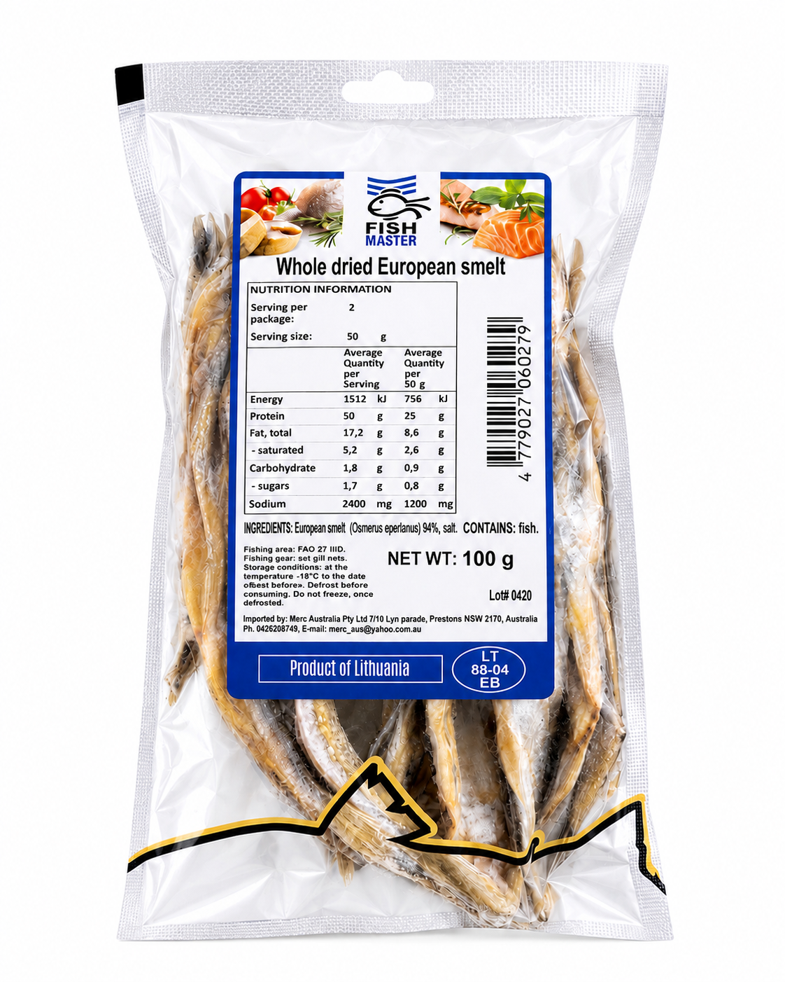 Dried Whole Capelin, "Fish Master", 100g