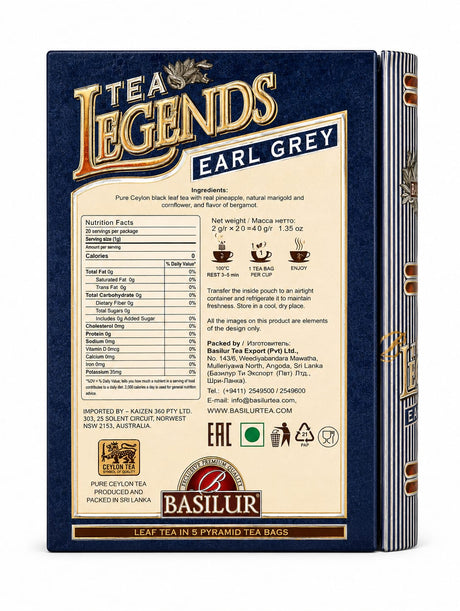 Tea Legends, Earl Grey, Pure Ceylon Black Tea, Pyramid Collection - Basilur