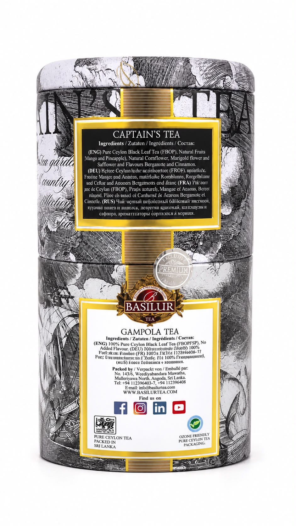 Ceylon Black Tea 2-in-1, Catain's 30g & Gampola 70g Loose Leaf, "Basilur", 100g, TIn