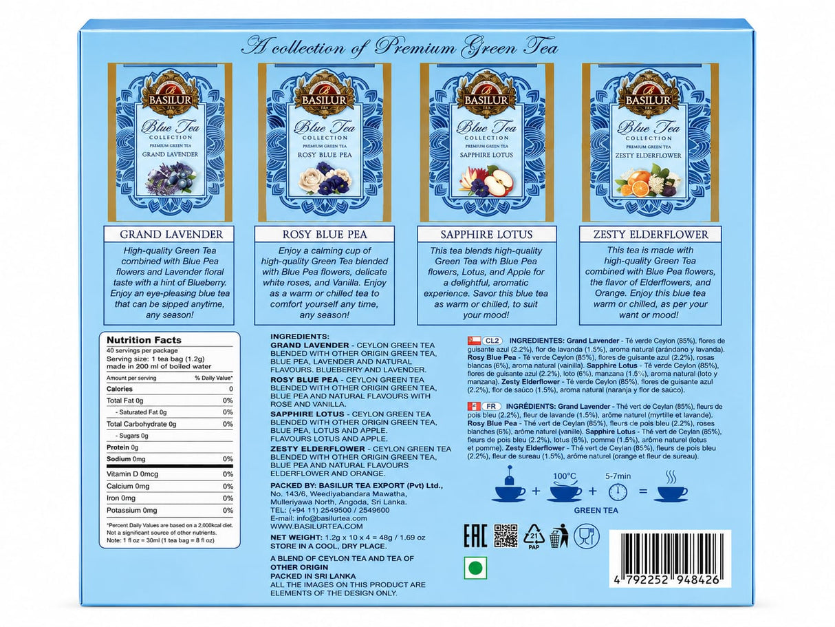 Premium Green Tea, Blue Tea Collection, Assorted - Basilur 40 Tea Bags 48g