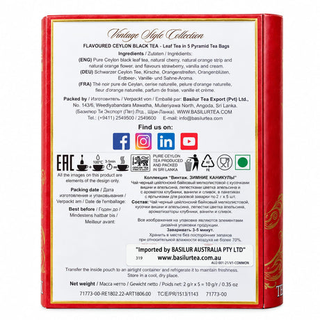 Ceylong Black Tea, Vintage Style Collection, "Basilur", Leaf Tea in 5 Pyramid Tea Bags
